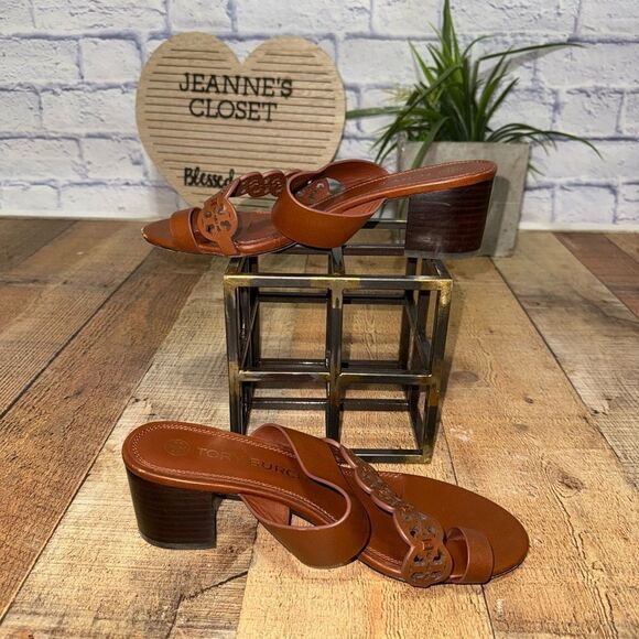 Tory Burch Tiny Miller Toe Ring High Block Sandals size 9 brown leather - Picture 10 of 12
